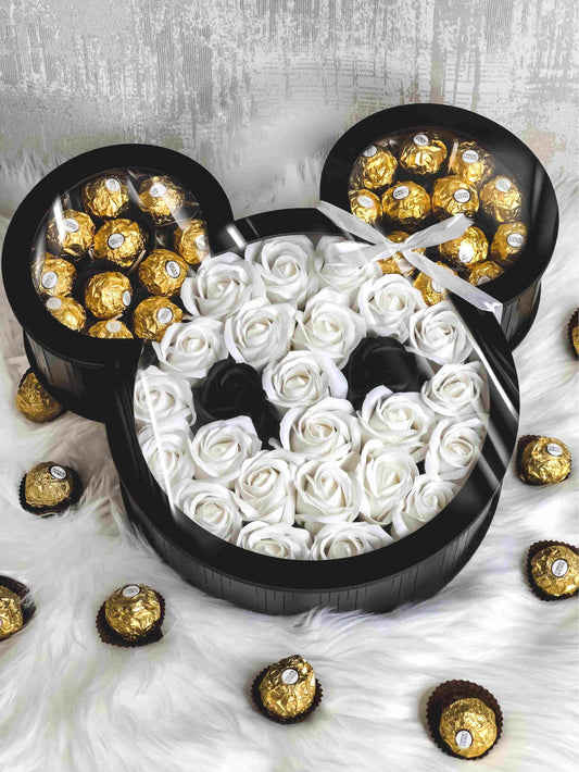 Charming Mickey Mouse-shaped gift box featuring 25 soap roses and 22 Ferrero Rocher chocolates, ideal for birthdays, anniversaries, or as a decorative centerpiece.