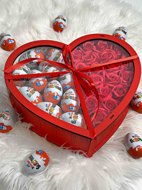 Red heart-shaped gift box featuring 19 charming soap roses and 10 Kinder Surprise eggs. A delightful and romantic present for special occasions like Valentine’s Day, anniversaries, or heartfelt celebrations.