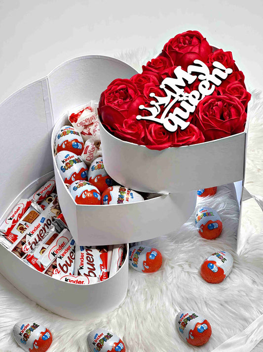 Three-tiered white gift box featuring 12 soap roses, 3 soap peonies, and an assortment of sweets, including Raffaello and Kinder chocolates. A perfect gift for any occasion.