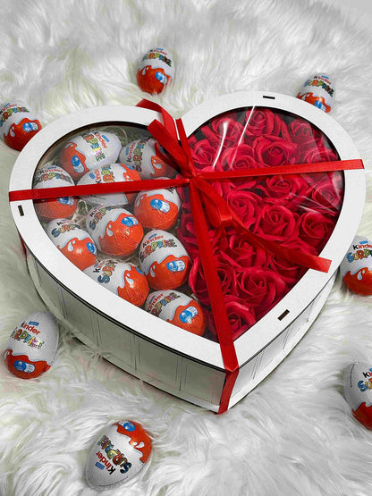 White heart-shaped wooden gift box with 19 soap roses and 10 Kinder Surprise eggs. A charming and elegant gift for romantic and special occasions.